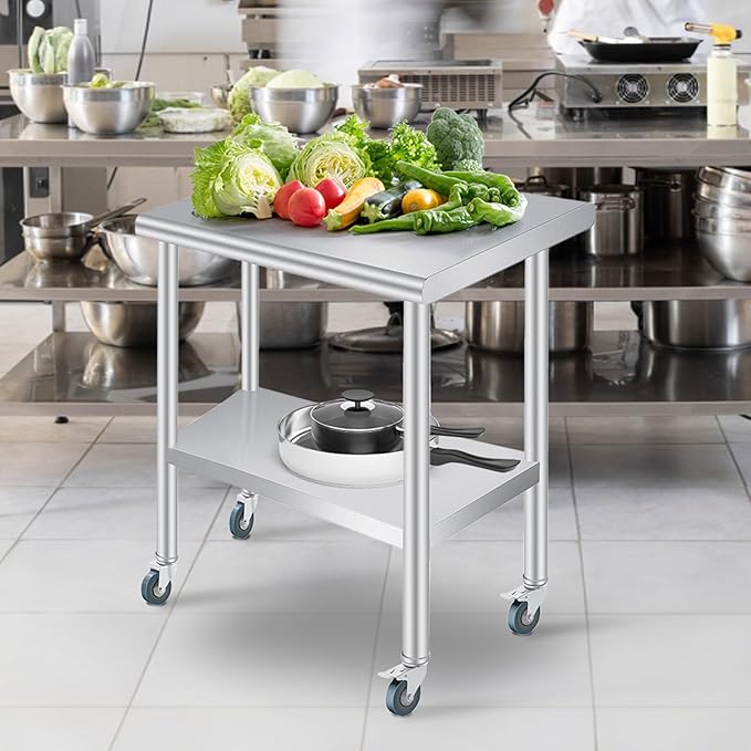  Stainless Steel Prep Table, 24 x 36 Inches Heavy Duty Commercial , with Rounded-Corner, Adjustable Undershelf and 4 Caster Wheels, Heavy Duty Work Table with Adjustable Under Shelf for Outdoor, Res