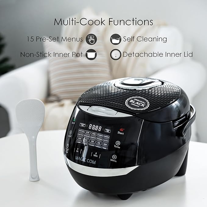 MAGiC COM multi-Functional Digital Rice Cooker 10 Cup Uncooked (20 Cup Cooked), 15-in-1 Programmable Electric Rice & Grain Cooker with Auto Clean, Non-Stick Pot, Steamer Basket, 24H Delay Timer, and Auto Keep Warm(Black)