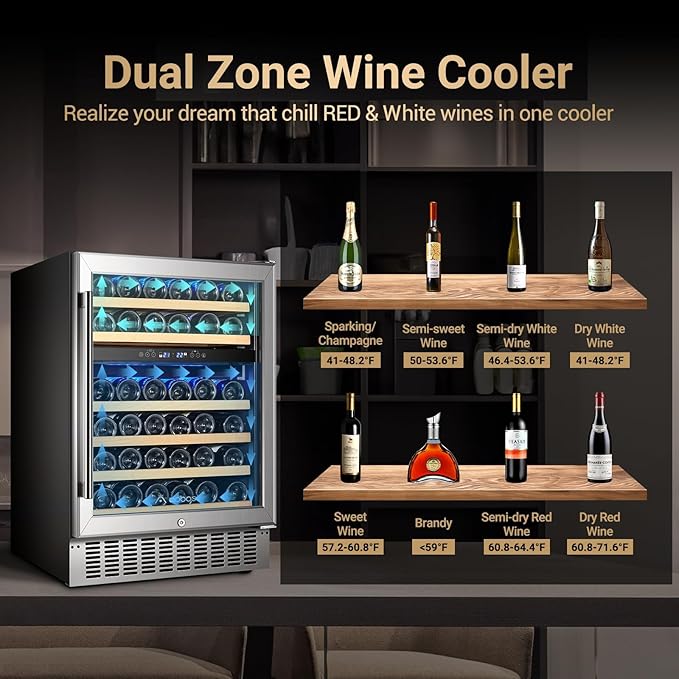 AAOBOSI 24 Inch Wine Cooler,46 Bottle -Dual Zone Built-in or Freestanding with Blue LED Light and Adjustable Shelves for Home,Kitchen or Office.