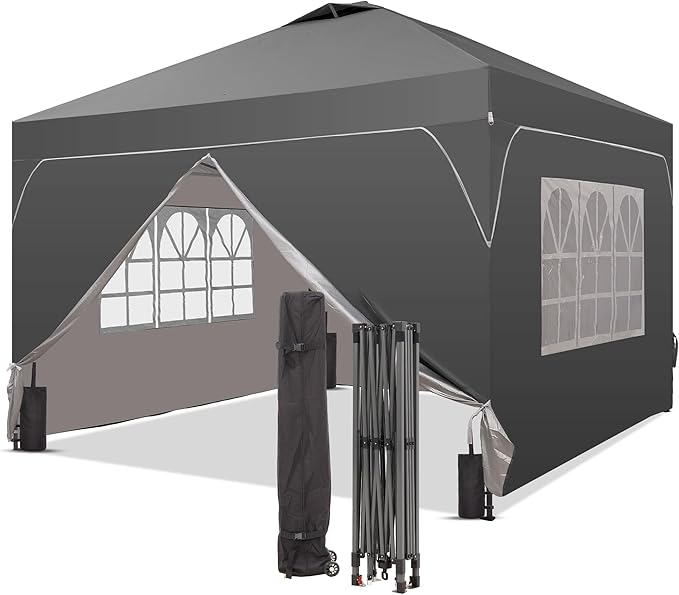 Saemoza 12x12 Pop Up Canopy Tent with One Push Setup, Outdoor Sun Shade Canopy with Vent Top for Backyard Party, Easy Up Instant Shelter with 4-Sandbags & Wheel Bag, Grey.
