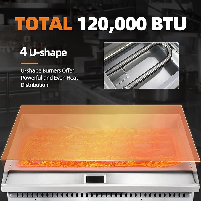 48" Commercial Countertop Griddle, 4 Burners Gas Griddle, 120000 BTU Output, Stainless Steel Flat Top Grill Hot Plate with Natural Gas and Propane Conversion Kit for Restaurant, Food Truck