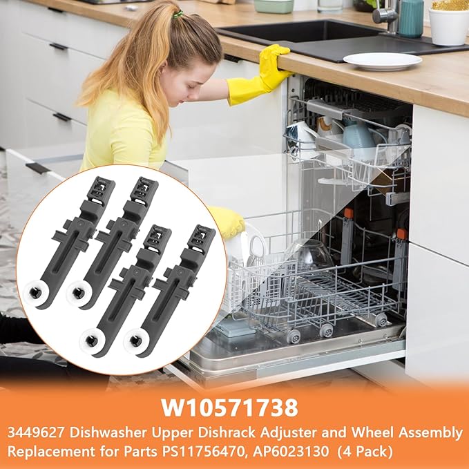W10571738 3449627 Dishwasher Upper Dishrack Adjuster and Wheel Assembly Replacement for Whirlpool, Maytag, KitchenAid, Magic Chef Dishwasher Replace Parts PS11756470, WPW10571738, AP6023130 (4 Pack)