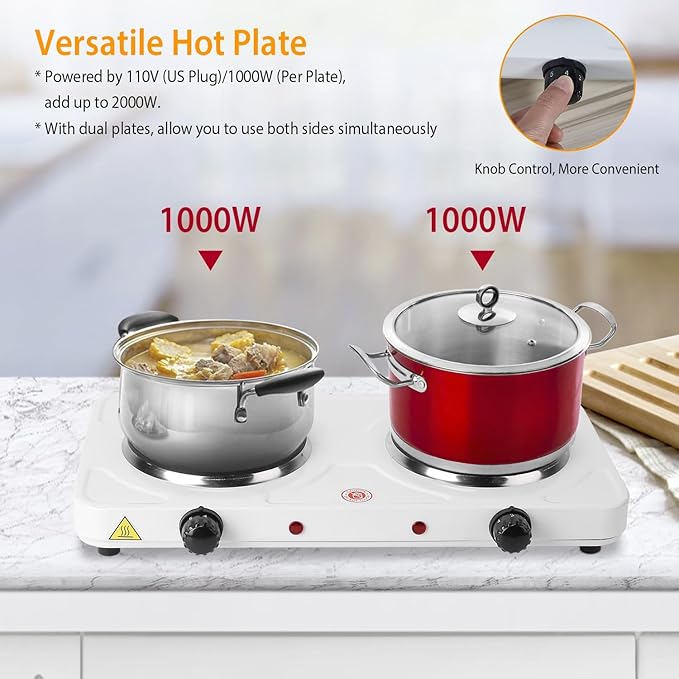 2000W Electric Double Hot Plate Portable Countertop Burner Dual Counter Stove Kitchen Cooktop with 5 Gear Temperature Control for Home RV Camp