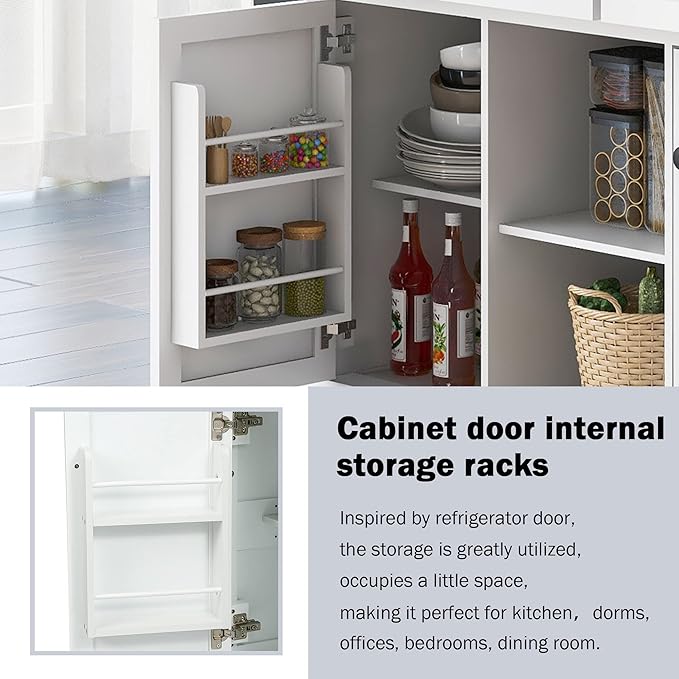 Favfurish Kitchen Island with Drop-Leaf Countertop, Internal Storage Cabinet Racks, Rolling Kitchen Cart on 5 Wheels with Open Shelves and 3 Drawers, Spice Holder, for Dining Room, White