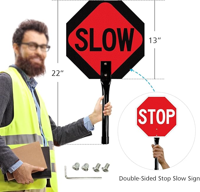 GicnKeuz Stop Slow Sign with Metal Handle, 13x13 inches Double Sided Slow/Stop sign, Traffic Reflective Aluminum Sign, Fade Resistant/Waterproof, Easy to Mount (2 Pack)