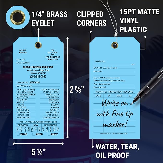 Tags 4 Less Custom Fire Extinguisher Tags – Preventative Maintenance Labels for Monthly Inspections, Alternative to Safety Sticker for Easy Record-Keeping – Pack of 100 (Light Blue, Vinyl Plastic)