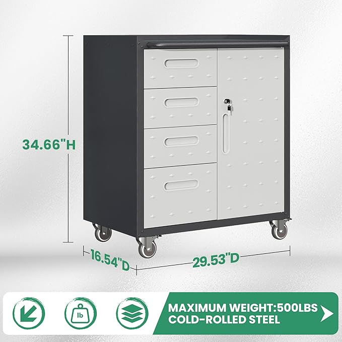 Garage Cabinets,Metal Garage Storage Cabinet with Wheels,Lockable Rolling Tool Cabinet with Drawer and Adjustable Shelves,Heavy Duty Tool Chest for Home Office Utility Room,Black/Grey