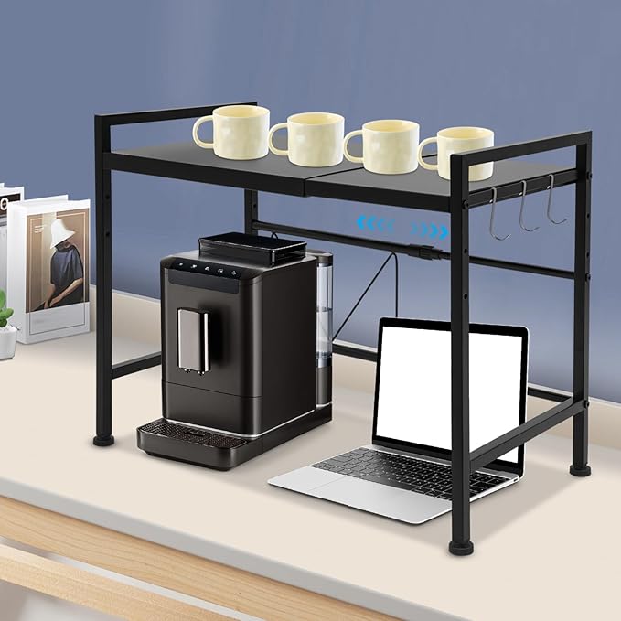 2 Tier Black Microwave Oven Rack, Adjustable Shelf with 3 Hooks, Microwave Stand with Storage, Toaster Shelf Heavy Duty Stand Kitchen Counter Top Organizer for Kitchen