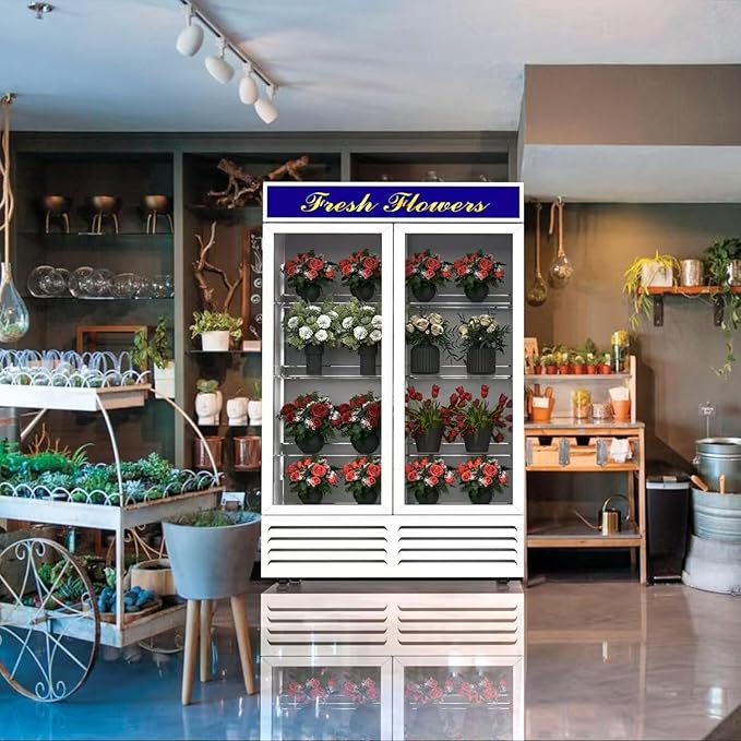 Commercial Flower Refrigerator Floral Display Cooler,White 2 Glass Doors Fridge With LED Light Adjustable Shelves,ETLSanitation Approval,42.5Cu Ft,47.2" Wide, Wheels Included
