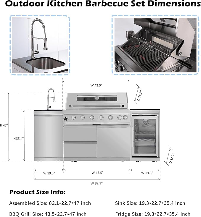 82 Inches 6-Burner 85000 BTU Deluxe Stainless Steel Propane Gas Outdoor Kitchen Bar Barbecue Island Grill with Wine Cooler, Compact Refrigerator, Rotisserie, Granite Countertops & Storage, Silver
