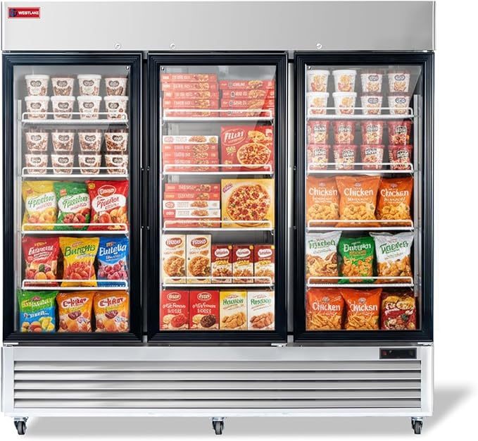 WESTLAKE 82" W Commercial Display Freezer 3 Glass door 72 Cu.ft Stainless Steel Merchandiser Reach-in Upriht Fan Cooling Digital Temperature Control Display Freezer for Restaurant, Bar, Shop, etc