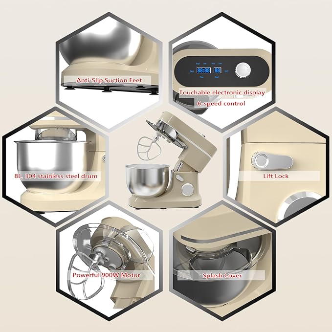 900W Stand Mixer 8 QT Kitchen Dough Mixers LED Touch Screen Adjustable Speed Electric Household Mixers With Bowl,Dough Hook,Whisk And Beater For Baking, Cake,Pizza And Most Home Cooks