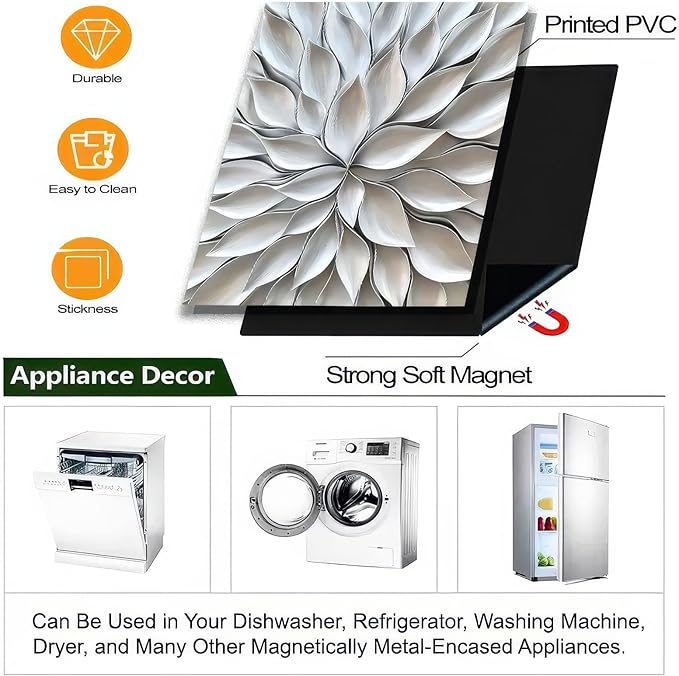 Flowers Dishwasher Magnet Cover 23x26 Inch Silver Petal Texture Magnetic Dishwasher Cover Washers Fridge Panel Decal Cover Washing Machine Cabinet Reusable Dishwasher Door Covers Decorative