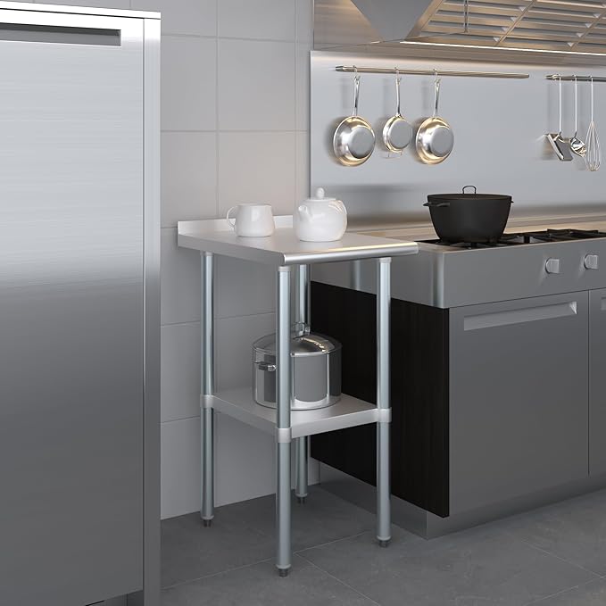 AmGood Stainless Steel Work Table with 1.5" Backsplash | Metal Kitchen Food Prep Table | NSF (18" Long x 24" Deep)