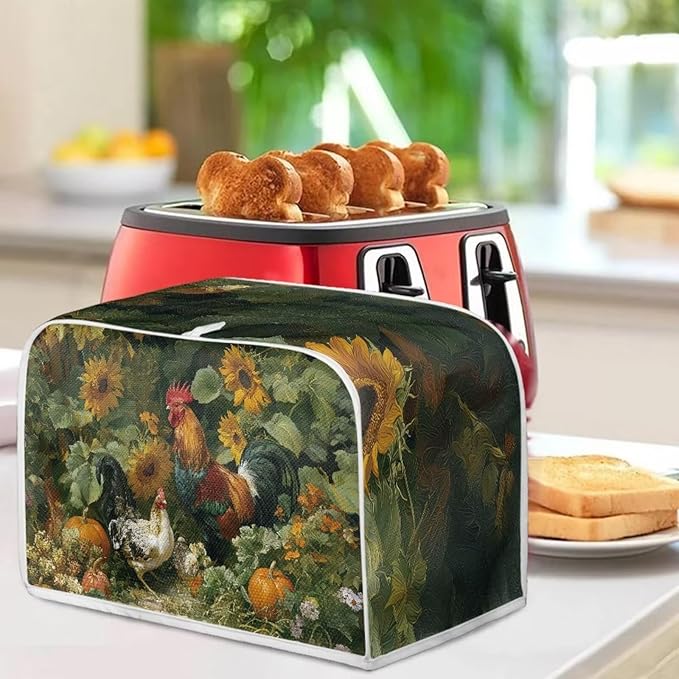 UNICEU Sunflowers Rooster Print Toaster Cover 2 Slice Stain Resistant Oil Protection Dust Cover Washable Kitchen Small Appliance Covers for Bread Maker