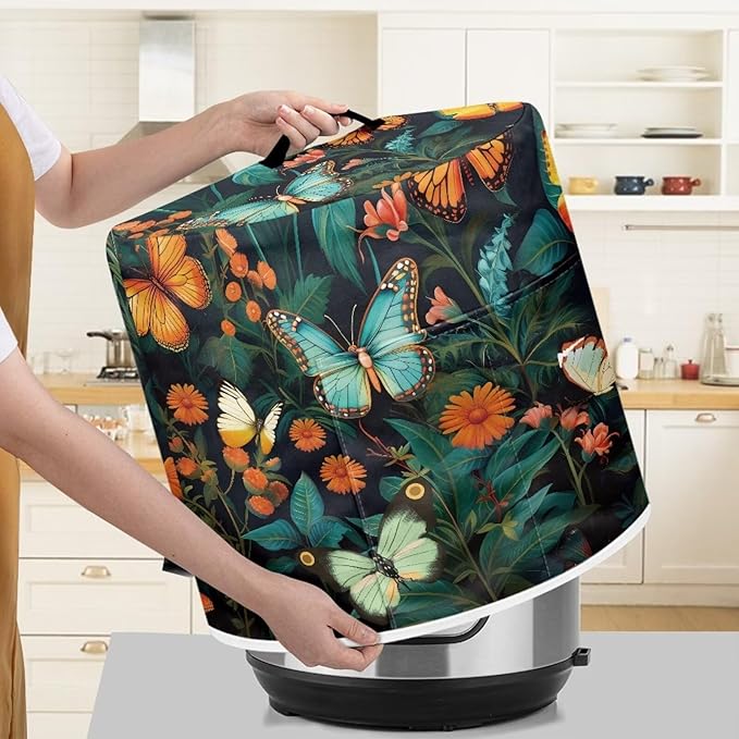 Flower Colorful Butterfly Grass Pressure Cooker Cover Dust-Proof Kitchen Appliance Cover Air Fryer Cover for 8 Quart Instant Pot with Top Handle and Pockets Washable