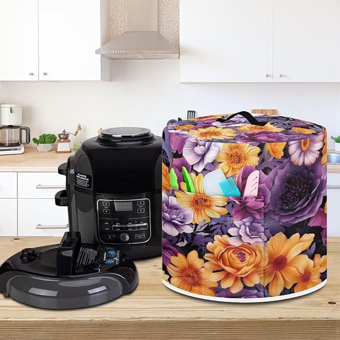 Flashideas Purple Flower Pressure Cooker Cover for Women Dust-proof Cover for Rice Cooker Air Fryer Kitchen Appliance Covers with Top Handle and Pocket Home Kitchen Decor Gifts for Friends