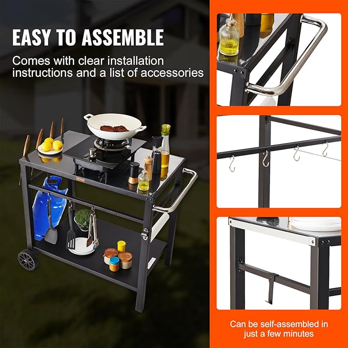 VEVOR Outdoor Grill Cart with Double-Shelf, BBQ Movable Food Prep Table with PVC Placemat, Black Iron Table Top, Portable Modular Carts for Pizza Oven, Worktable with 2 Wheels, Carry Handle