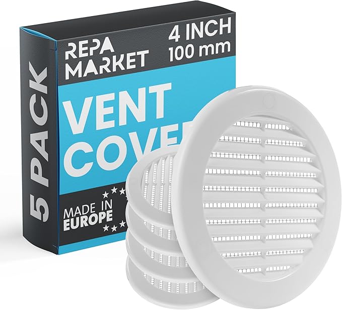 Repa Market 4 Inch (Opening) White Round Air Vent Cover - Pack of 5 Plastic Fresh Air Intake Vent - AC Cover with Nylon Mesh Screen - Wall, Ceiling HVAC Return Air Register - Modern Soffit Vents