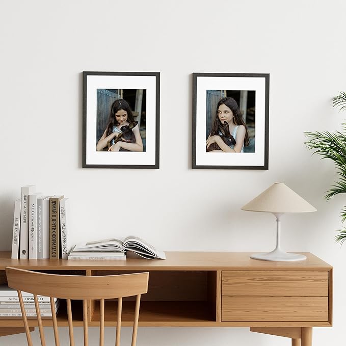 Vittanly 11x14 Picture Frame Set of 2, Solid Wood Frame for Wall Art Photo and Prints, Display Photo 8x10 with Mat or 11x14 without Mat, Black