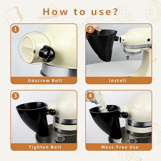 Flour Funnel for Kitchen Aid Mixer, Mess-Free Pouring Flour Funnel for Stand Mixer, Fits Artisan KSM150 5 Quart Tilt-Head for Egg Liquid and Both Flour, Durable Baking Kitchen Accessories (Black)