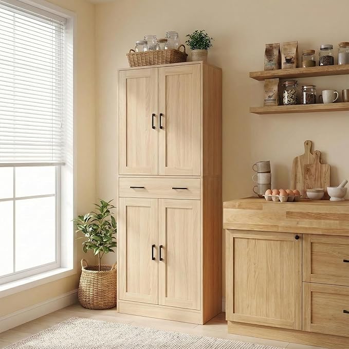 71" Tall Kitchen Pantry Cabinet, Freestanding Storage Cabinet with Drawer and 4 Doors, Large Oak Utility Floor Cupboard with Adjustable Shelves for Dining Room, Bathroom, Home Office