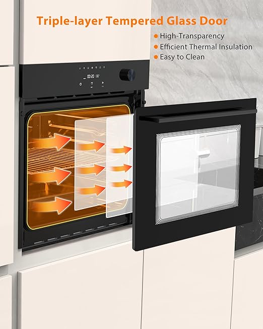 24 Inch Built-in Electric Single Wall Oven, 2.5 Cu.ft Convection Oven with 8 Cooking Functions, 500℉ Max Temperature, Stainless Steel Touch Control Oven, 3-Layer Tempered Glass Door