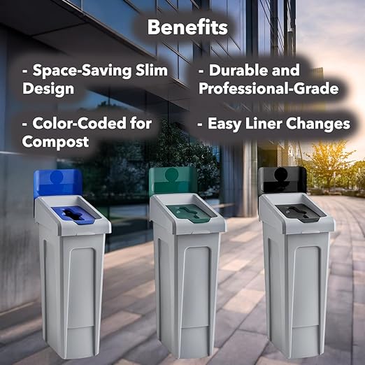 23 Gallon Landfill Waste Bin with Hinged Lid – Commercial Trash Container with Liner Cinches and Venting Channels – Slim Design for Restaurants, Offices, and Public Areas