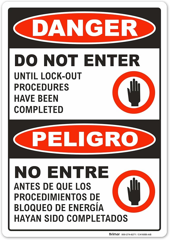 Brimar - 7 x 10" - Bilingual Danger Do Not Enter Lock Out Sign - 3.5 Mil InfiniStick™ Vinyl Label - Bilingual Design - Bold Text And Symbol
