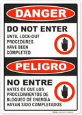 Brimar - 7 x 10" - Bilingual Danger Do Not Enter Lock Out Sign - 3.5 Mil InfiniStick™ Vinyl Label - Bilingual Design - Bold Text And Symbol