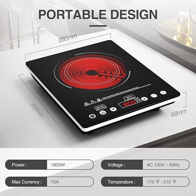 1800W Electric Cooktop, 110V Single Burner Stove with Overheat Protection and Adjustable Power Levels - Portable Ceramic Stove for Kitchen, Travel, RV