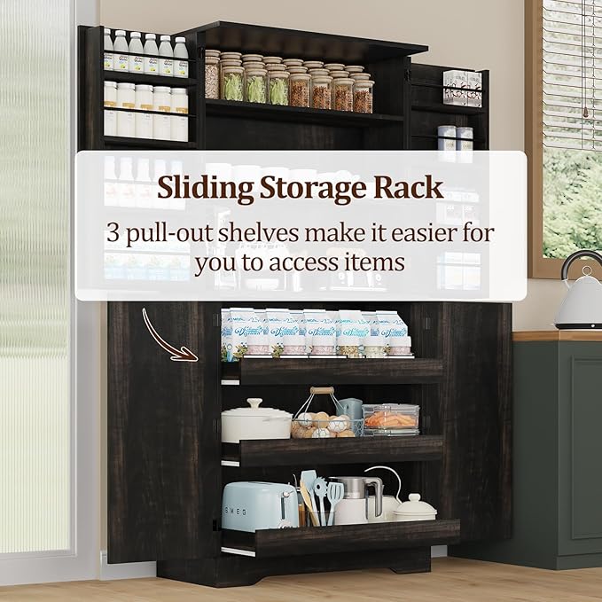 72" Kitchen Pantry Storage Cabinet, Farmhouse Pantry Cabinet with 8 Hanging Rack Shelves & 3 Pull-Out Racks, Pantry Storage Cabinet, Freestanding Cupboard for Kitchen, Dining Room, Oak