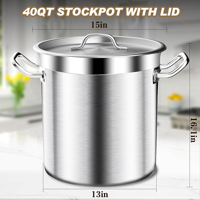 Large Stock Pot - Heavy Duty Tri-Ply Bottom Commercial Grade Soup Pot for Cooking Soup, Stew, Canning, Oven, Gas, Ceramic, Dishwasher Safe