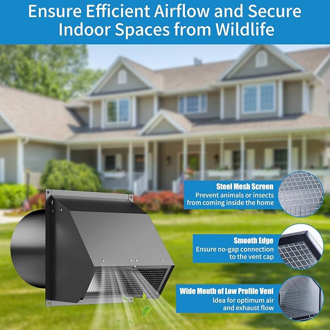 4 Inch Wall Vent Cover with Screen and Damper,Heavy Duty Stainless Steel Exhaust Vent Cover Cap,Dryer Vent Pipe is 8-1/4 inch and Long Enough for Wall Black