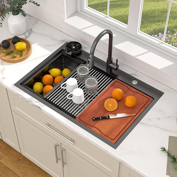 Dcolora 36 In. Black Kitchen Sink with Cup Washer, Large Single Bowl Drop In Installation, Heavy Duty 16 Gauge 304 Stainless Steel, Workstation with Valued Accessories, 36"x22"x10" #DC-T2533003BWS