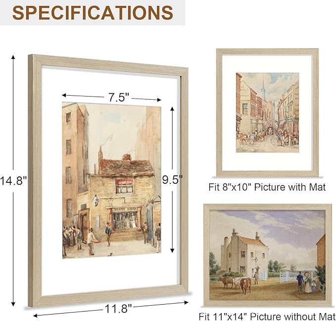 Vittanly 11x14 Picture Frame, Solid Wood Frame with Plexiglass, Includes 8x10 Mat, Wall Hanging for Photos, Home Decor, Light OAK, 1 Pack