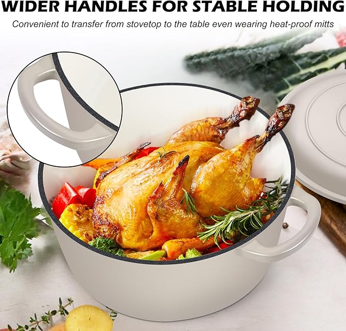 TeamFar 5Qt Dutch Oven, Enameled Cast Iron Dutch Oven with Lid & Dual Handles for Cooking Baking Braising Simmering, Healthy & Sturdy, Oven & Various Stovetops Safe, Non-stick & Easy Clean - Khaki