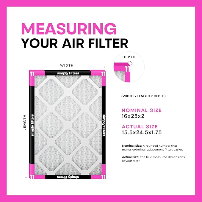 Simply 16x25x2 Air Filter, MERV 11, 6 Pack, Furnace Air Filter for HVAC (Actual Size: 15.5"x24.5"x1.75") DUST, Pet & Allergy Control
