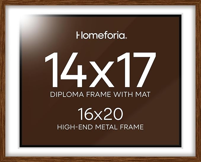 Homeforia 16x20 Diploma Brown Frame, High End Dark Oak 20x16 Certificate Wood Frame with Mat 14x17, 16 x 20 Walnut Wooden Graduation Degree Frame Matted to 14 by 17, Tempered Glass, Wall Kit, Set of 1