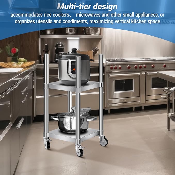 Shimeyao 14" x 14" x 31" Rice Warmer Stand Stainless Steel Rice Warmer Stand with 2 Shelves and 4 Casters Cooking Equipment Storage for Kitchen Restaurant