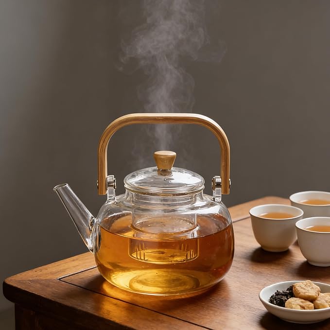 1000ml (33.8oz) Borosilicate Glass Teapot with Wooden Handle, Stovetop Safe Clear Tea Kettle with Removable Glass Infuser for Blooming Tea and Loose Leaf Tea