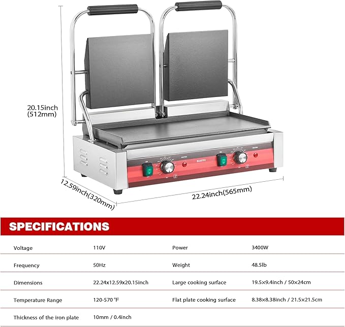 EGGKITPO Commercial Dual Panini Press with 2 Flat Plates Electric Panini Grill with Temperature Control and Handle 19.5" ×9.4" Large Cast Iron Sandwich Maker for Kitchen Business 110V 3400W