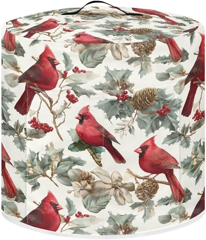 8 Quart Pressure Cooker Dust & Stains Protector Cover Round Bag with Top Handle and Storage Pocket Kitchen Appliance Decoration Christmas Cardinal Bird Print