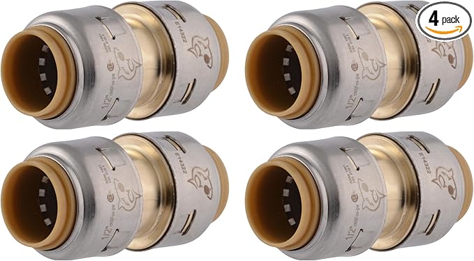 SharkBite Max 1/2 Inch Coupling, Pack of 4, Push to Connect Brass Plumbing Fitting, PEX Pipe, Copper, CPVC, PE-RT, HDPE, UR008A4