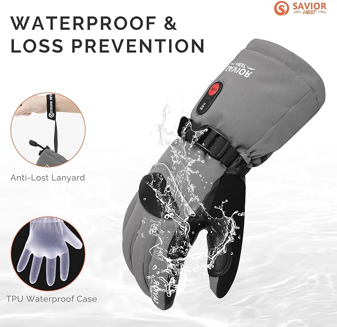 SAVIOR HEAT Heated Gloves for Men Heated Ski Gloves 10h Warm 7.4V 3000mAh Battery Thick Lining Waterproof Goatskin Palm Anti Loss Lanyard Outdoor Skiing Snowboarding for Winter