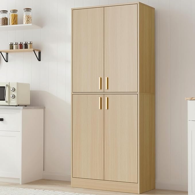 Cozy Castle Kitchen Pantry Cabinet, 71" Tall Wood Storage Cabinet with Doors and Shelves 4 Doors Freestanding Cupboard for Dining Room Living Room Bathroom Furniture, Oak