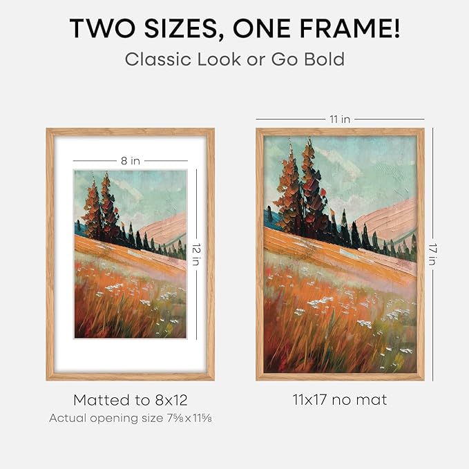 Homeforia 11x17 Wood Frame, High End Natural Oak 11x17 Light Wooden Picture Frame with Mat 8x12, 11 x 17 Poster Frames Matted to 8 by 12 Photo, 17x11 Hanging Frames, Tempered Glass, Wall Kit, Set of 2