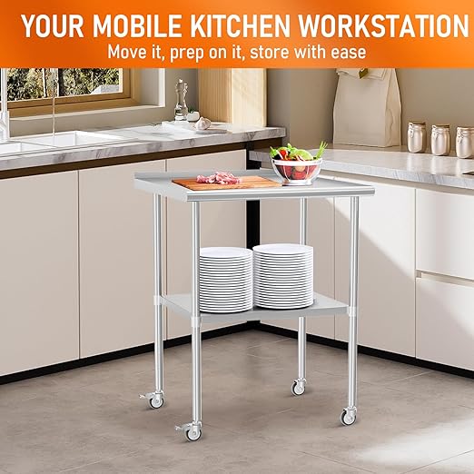 Stainless Steel Prep Table 30" X 30" with Adjustable Undershelf, Backsplash and Wheels, Commercial Metal Workstations for Kitchen, Garage, Outdoor BBQ