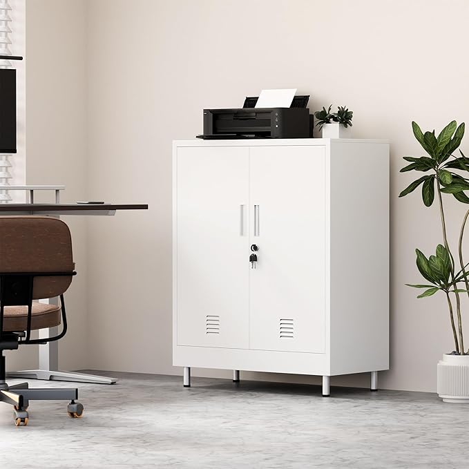 Metal Storage Cabinet with Locking Doors and 2 Adjustable Shelves, Lockable Storage Cabinet for Home Office Garage Pantry Living Room (White)