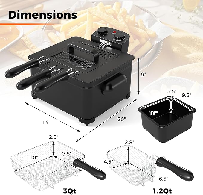 SIMOE 5L Electric Deep Fryer with 3 Baskets and Lid,1700W Countertop Electric Oil Fryer w/Temperature Control, View Window, Adjustable Timer, Deep Fryer for Home Use